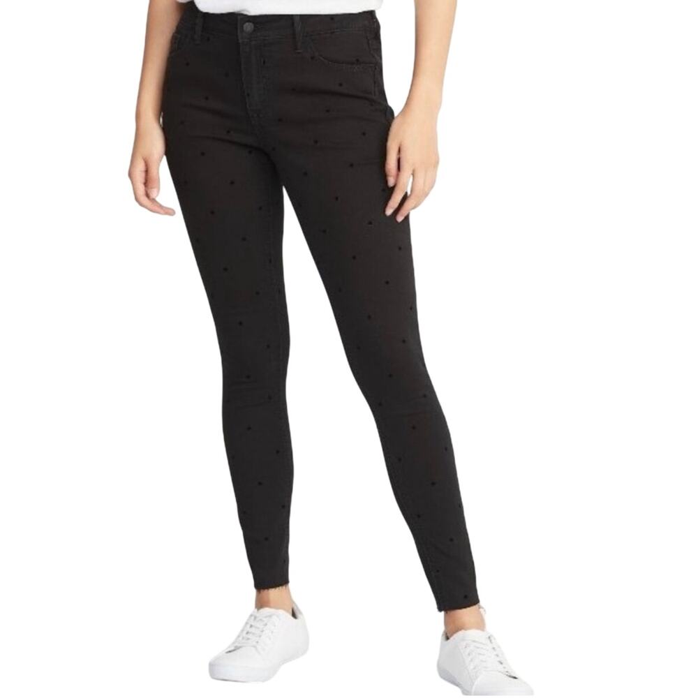 Old Navy Women’s black skinny jeans, raw hem, velvet dots, Size 14